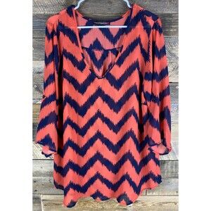 Heart Soul Plus Womens Plus Sz 2X Sheer Coral & Blue Chevron Pattern 3/4 Slv Top